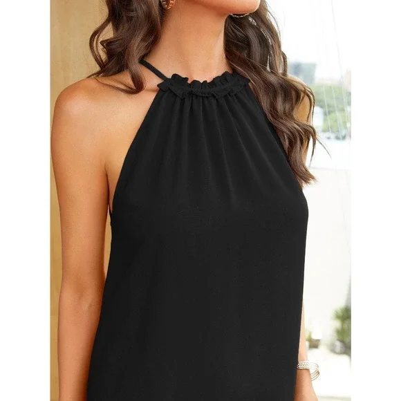 Frill Trim Keyhole Back Halter Neck Tunic Dress mini black đ - Picture 3 of 11